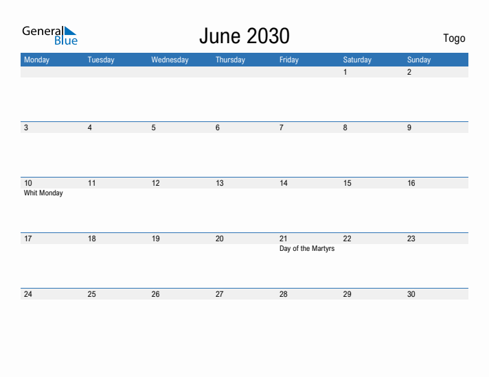 Fillable June 2030 Calendar