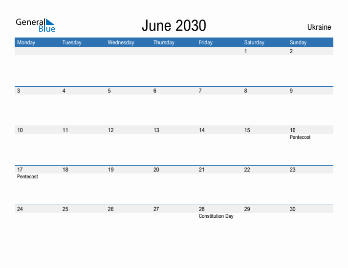 Fillable June 2030 Calendar