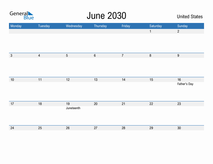 Fillable June 2030 Calendar