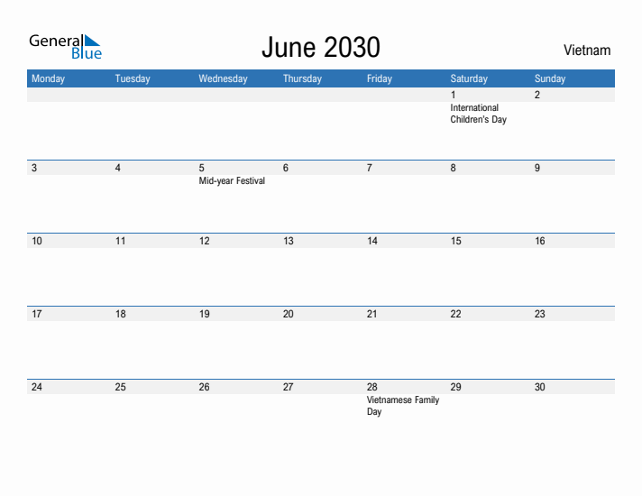 Fillable June 2030 Calendar