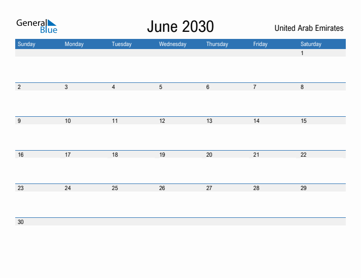 Fillable June 2030 Calendar