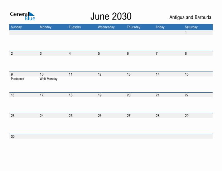 Fillable June 2030 Calendar