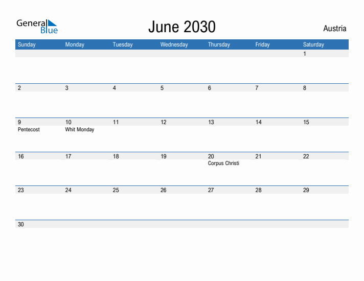 Fillable June 2030 Calendar