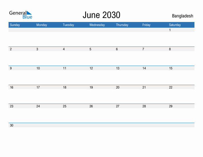 Fillable June 2030 Calendar