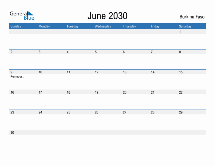 Fillable June 2030 Calendar