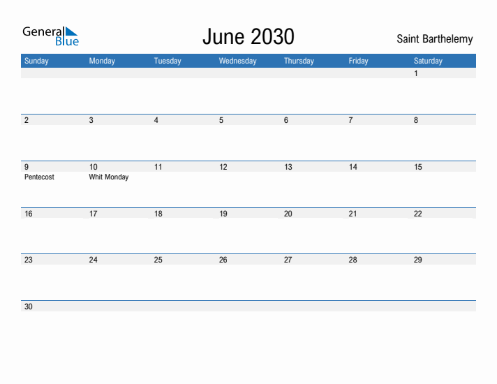 Fillable June 2030 Calendar