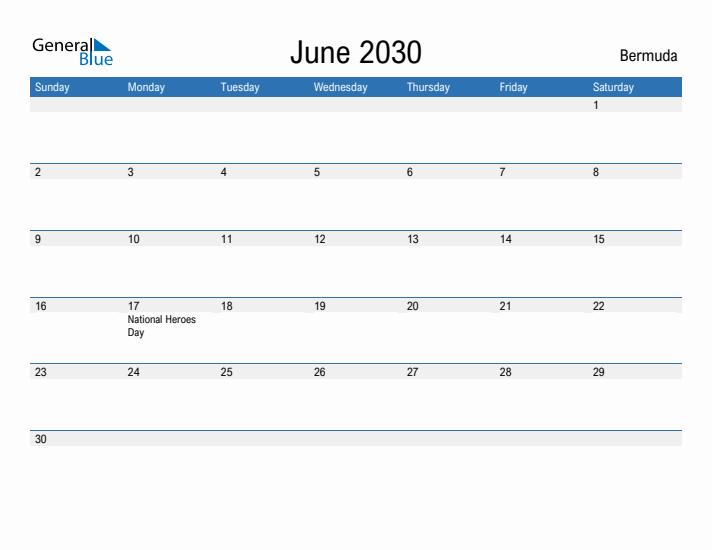 Fillable June 2030 Calendar