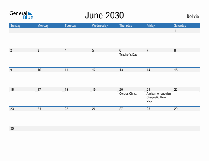 Fillable June 2030 Calendar