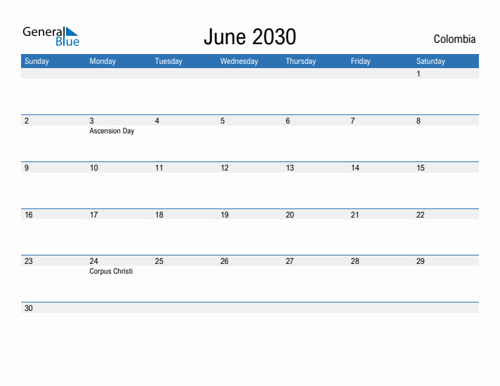 Fillable June 2030 Calendar