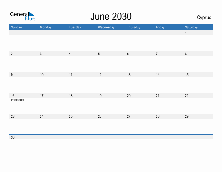 Fillable June 2030 Calendar