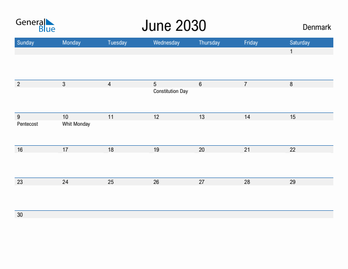 Fillable June 2030 Calendar