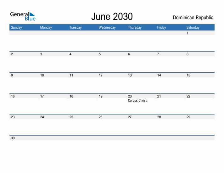 Fillable June 2030 Calendar