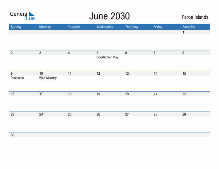 Fillable June 2030 Calendar