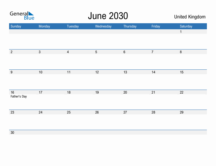 Fillable June 2030 Calendar