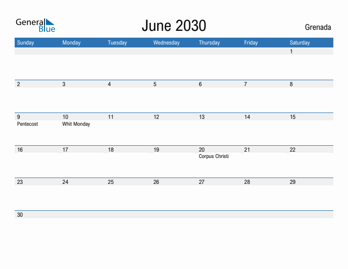 Fillable June 2030 Calendar