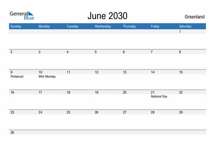 Fillable June 2030 Calendar