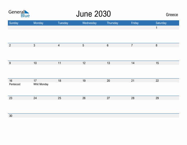 Fillable June 2030 Calendar