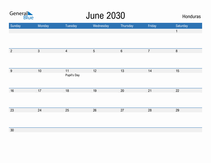 Fillable June 2030 Calendar