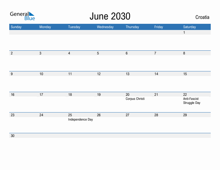 Fillable June 2030 Calendar