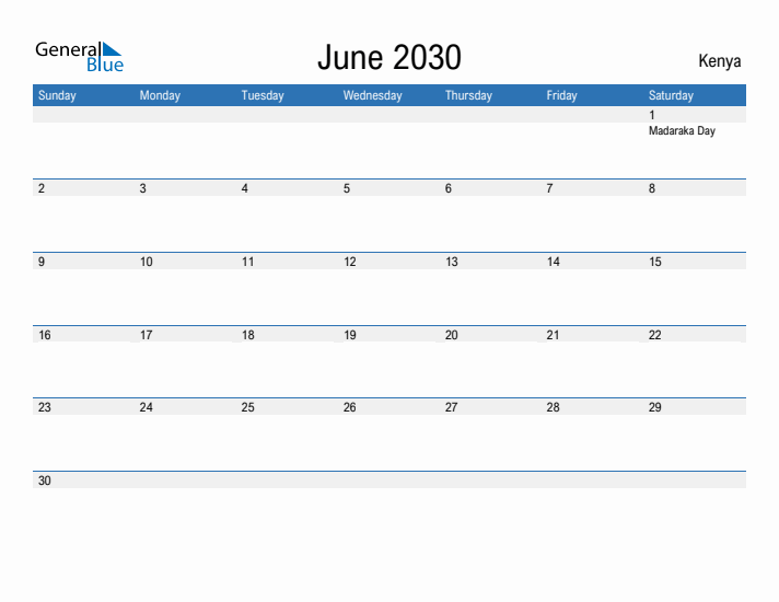 Fillable June 2030 Calendar