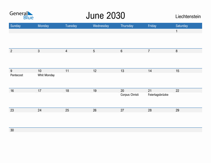 Fillable June 2030 Calendar