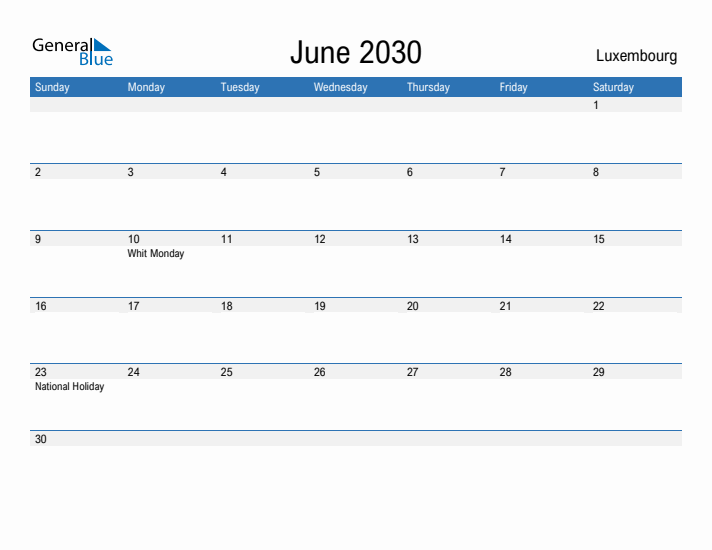 Fillable June 2030 Calendar