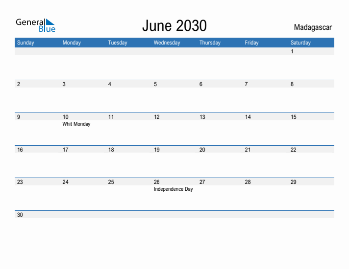 Fillable June 2030 Calendar