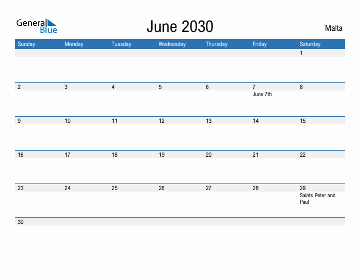 Fillable June 2030 Calendar