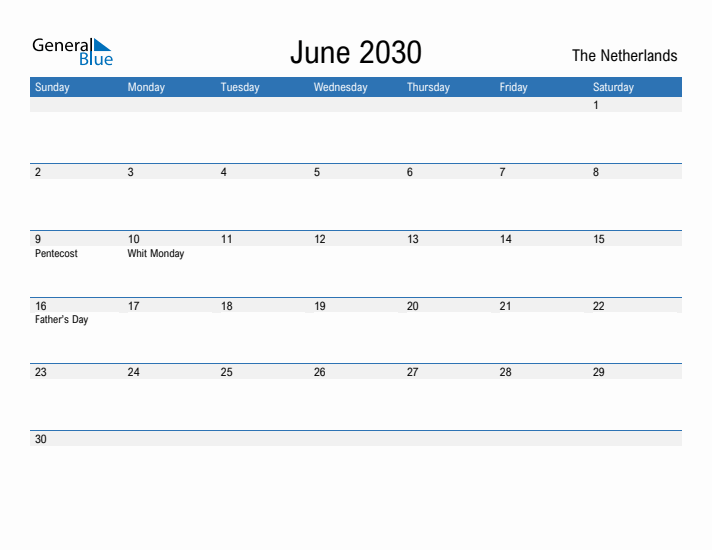 Fillable June 2030 Calendar