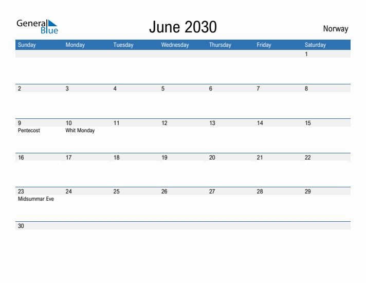 Fillable June 2030 Calendar