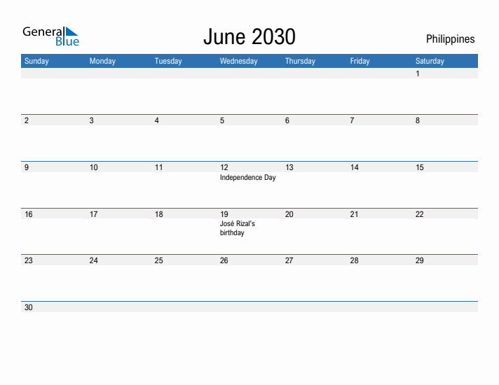 Fillable June 2030 Calendar