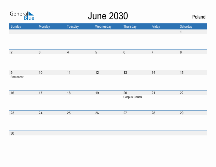 Fillable June 2030 Calendar