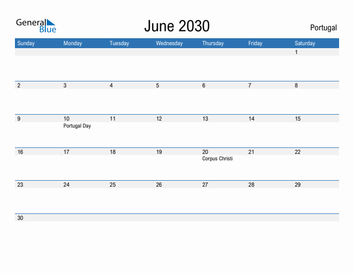 Fillable June 2030 Calendar