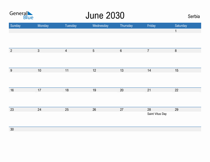 Fillable June 2030 Calendar