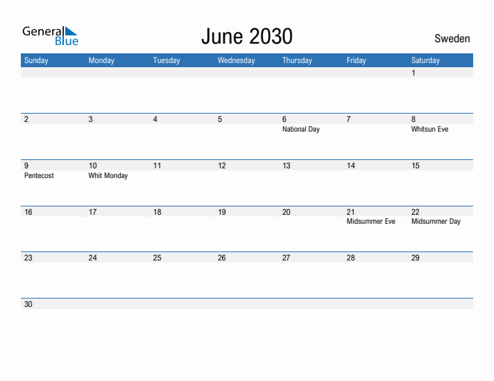 Fillable June 2030 Calendar