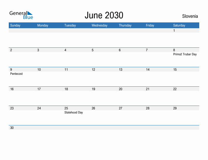 Fillable June 2030 Calendar