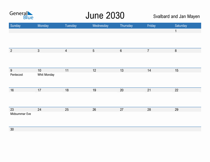 Fillable June 2030 Calendar