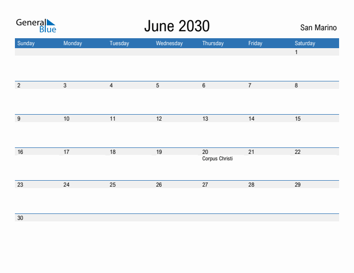 Fillable June 2030 Calendar