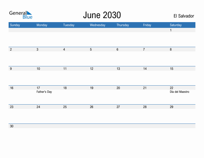 Fillable June 2030 Calendar