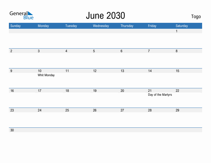 Fillable June 2030 Calendar