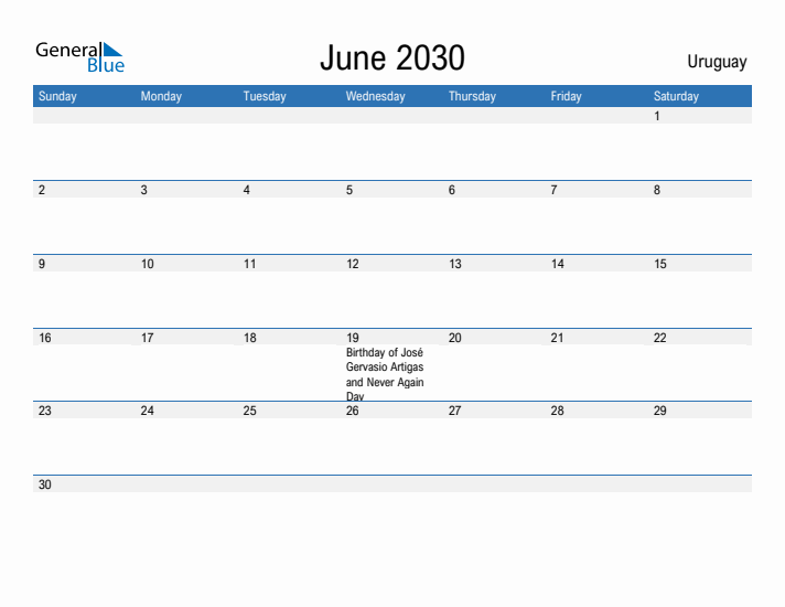 Fillable June 2030 Calendar