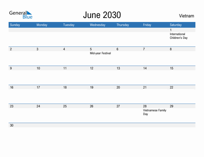 Fillable June 2030 Calendar