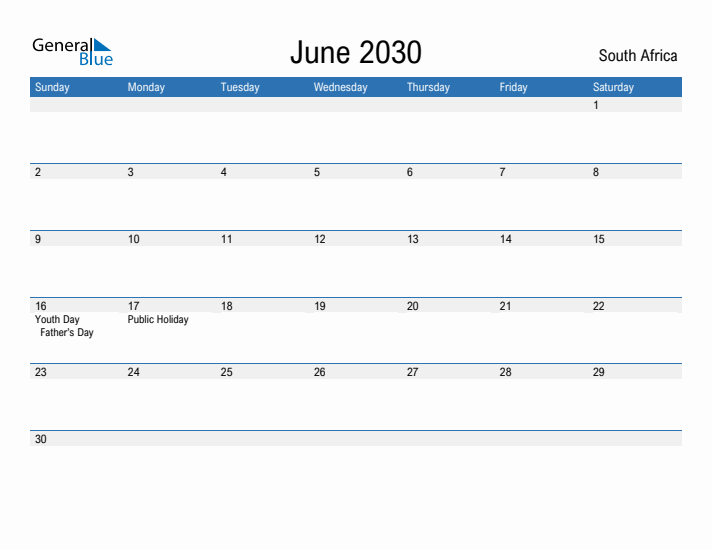 Fillable June 2030 Calendar