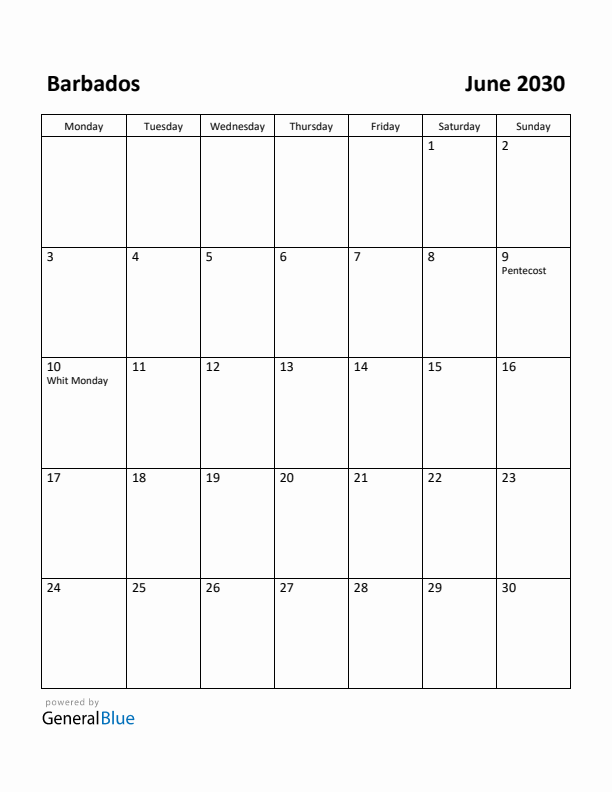 June 2030 Calendar with Barbados Holidays