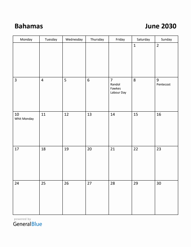 June 2030 Calendar with Bahamas Holidays