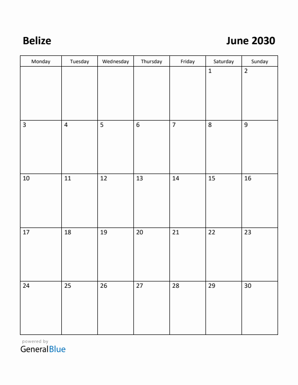 June 2030 Calendar with Belize Holidays