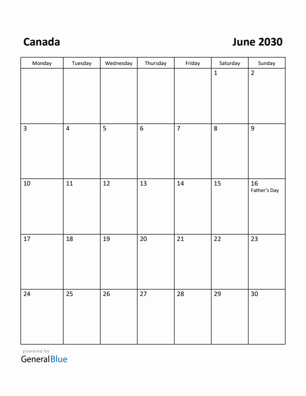 June 2030 Calendar with Canada Holidays