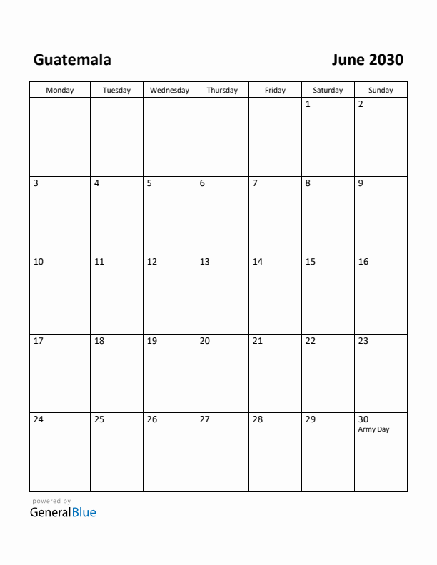 June 2030 Calendar with Guatemala Holidays