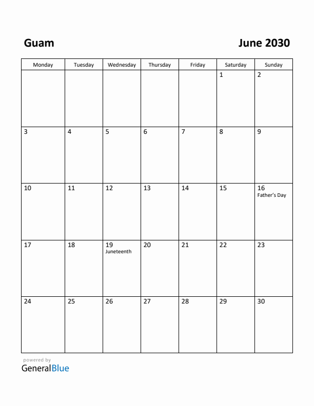 June 2030 Calendar with Guam Holidays