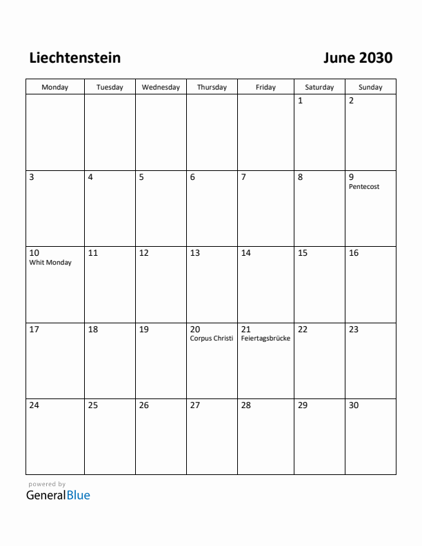 June 2030 Calendar with Liechtenstein Holidays